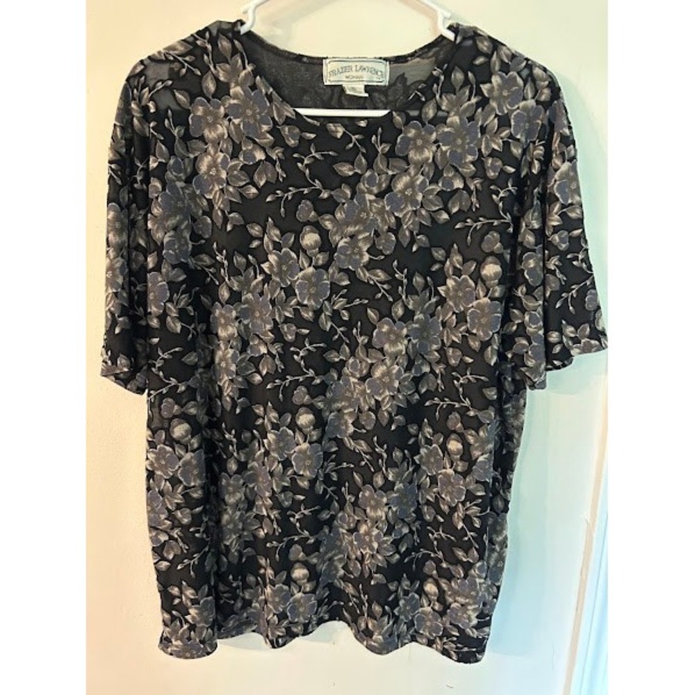 Frazier Lawrence Woman‎ Sheer Floral Burnout Top Black Blue Silver 3X Plus Size